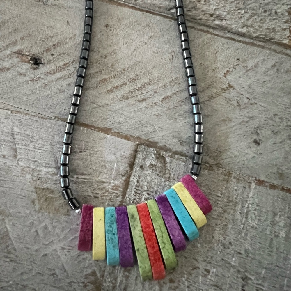 Vintage Rainbow Hematite Stick Dangle Pendant Necklace - Picture 7 of 8